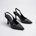 Obsidian Taş Detaylı Siyah Saten Slingback Stiletto Topuklu Ayakkabı