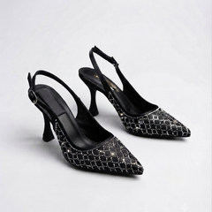 Obsidian Taş Detaylı Siyah Saten Slingback Stiletto Topuklu Ayakkabı