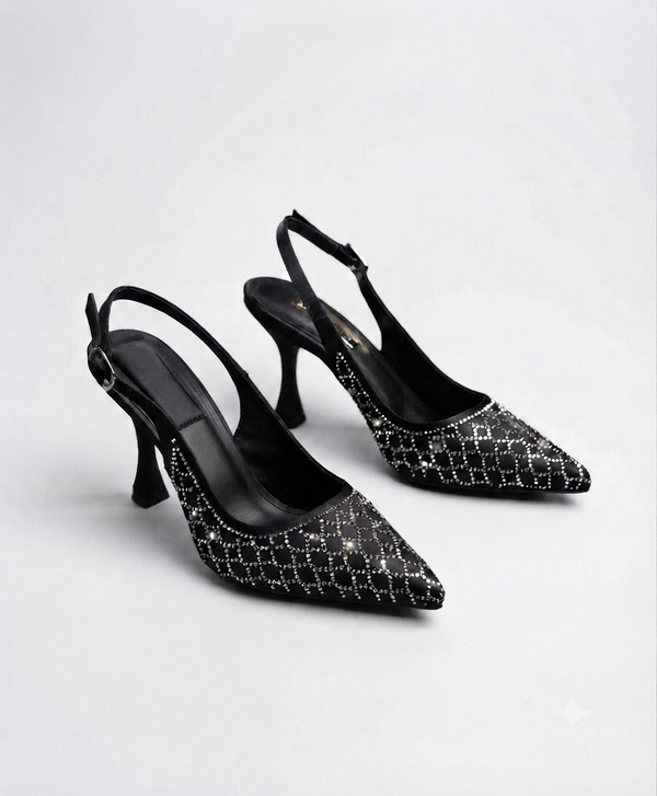Obsidian Taş Detaylı Siyah Saten Slingback Stiletto Topuklu Ayakkabı